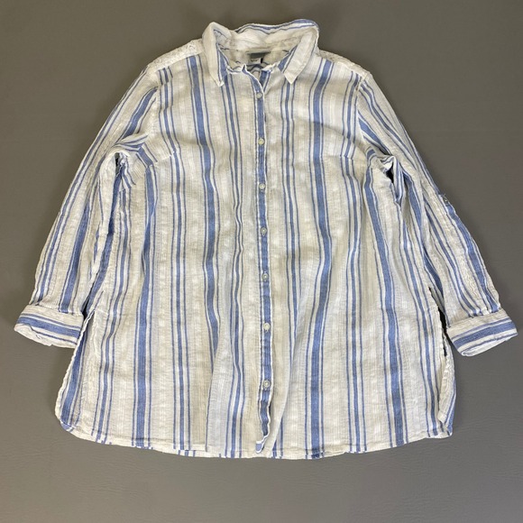 Catherines‎ Cotton Button Down Shirt Plus Size 2X Blue White Striped Lace Detail - Picture 1 of 10